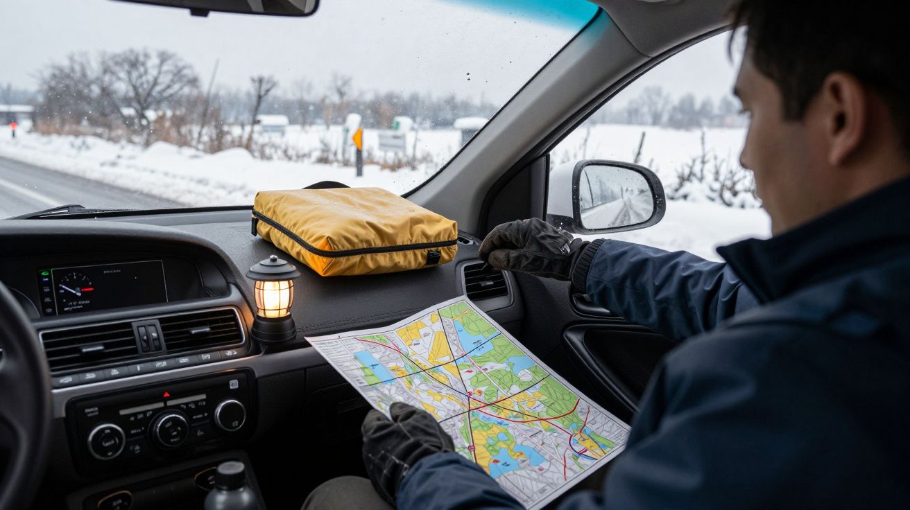 Homem no carro consulta mapa numa estrada coberta de neve.
