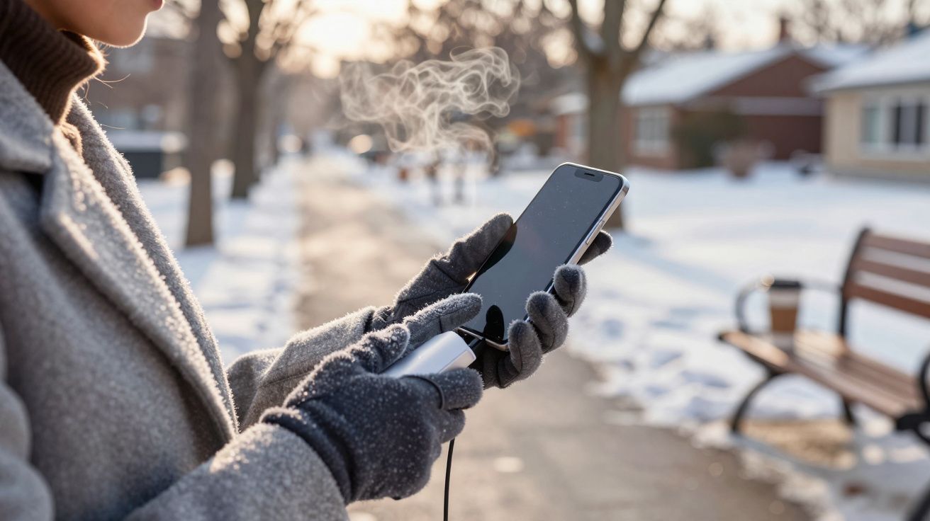 Pessoa com luvas cinzas usa smartphone numa rua nevada. Vapor visível no ar.