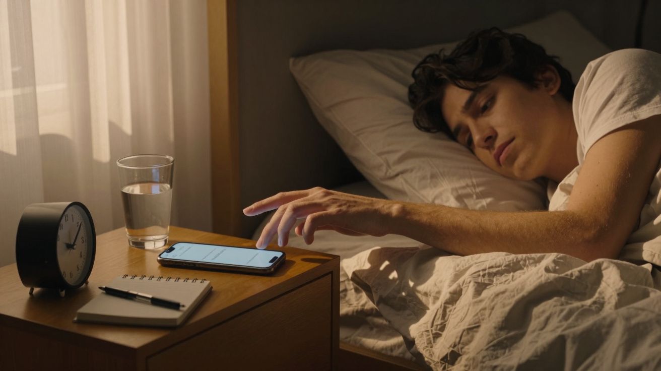 Homem deitado na cama, tocando num telemóvel na mesa de cabeceira, com despertador, copo de água e bloco de notas.