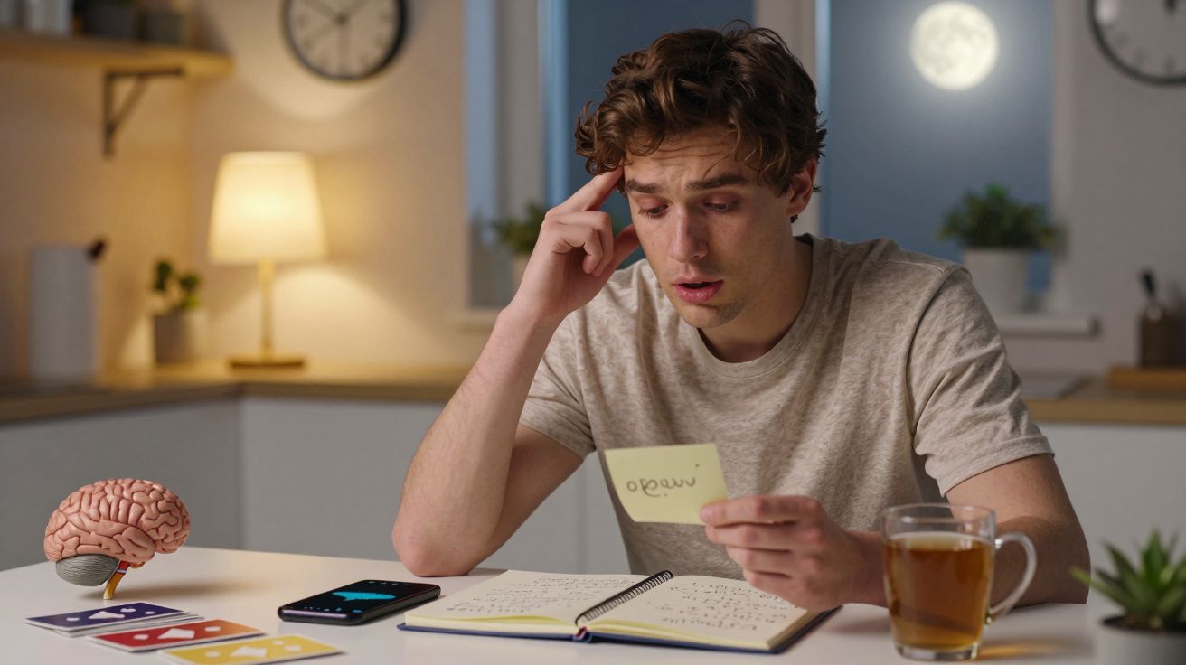 Homem a estudar à mesa com caderno, chá e maquete de cérebro, olhando um papel, expressão de concentração.