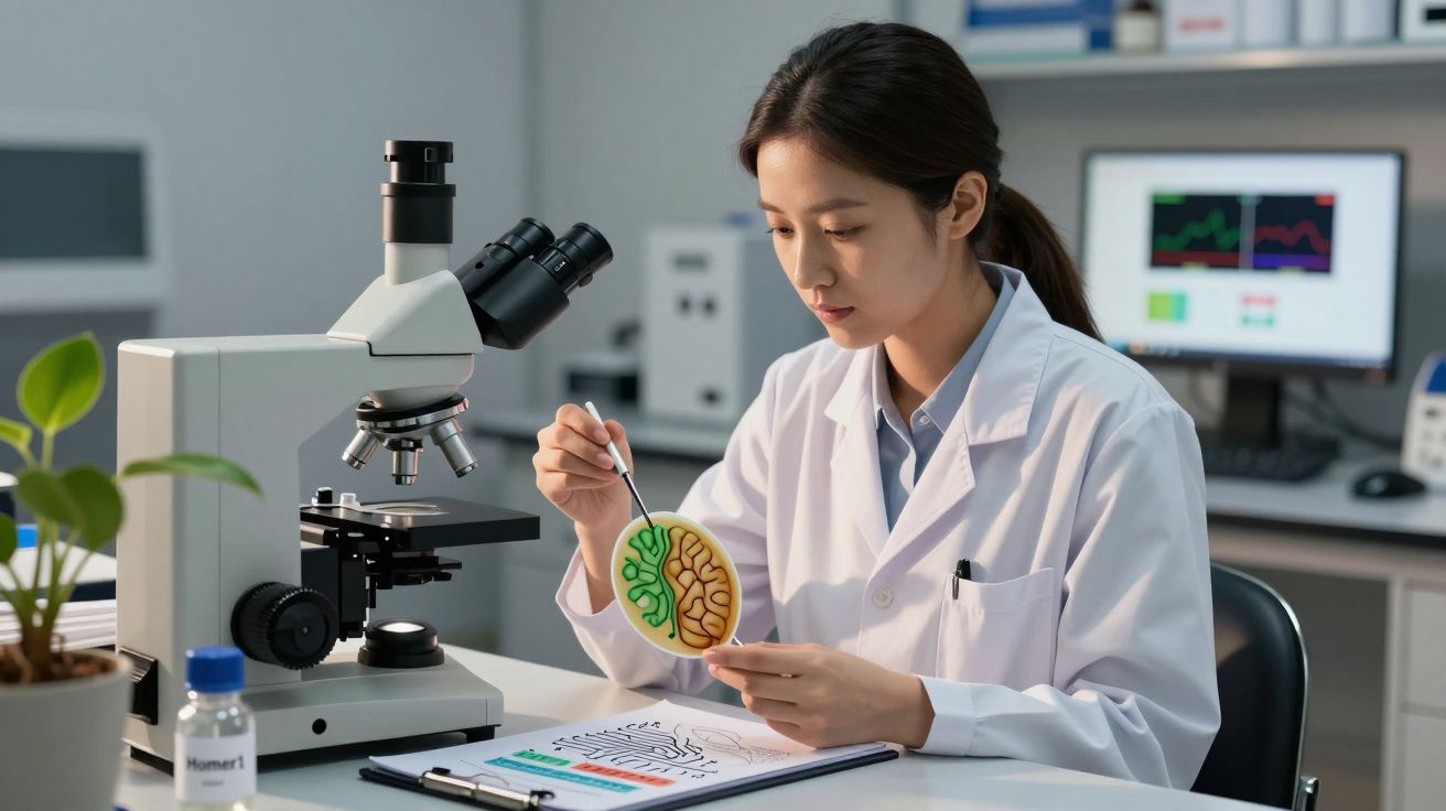 Cientista de bata branca analisa amostra colorida numa petri ao lado de um microscópio num laboratório moderno.