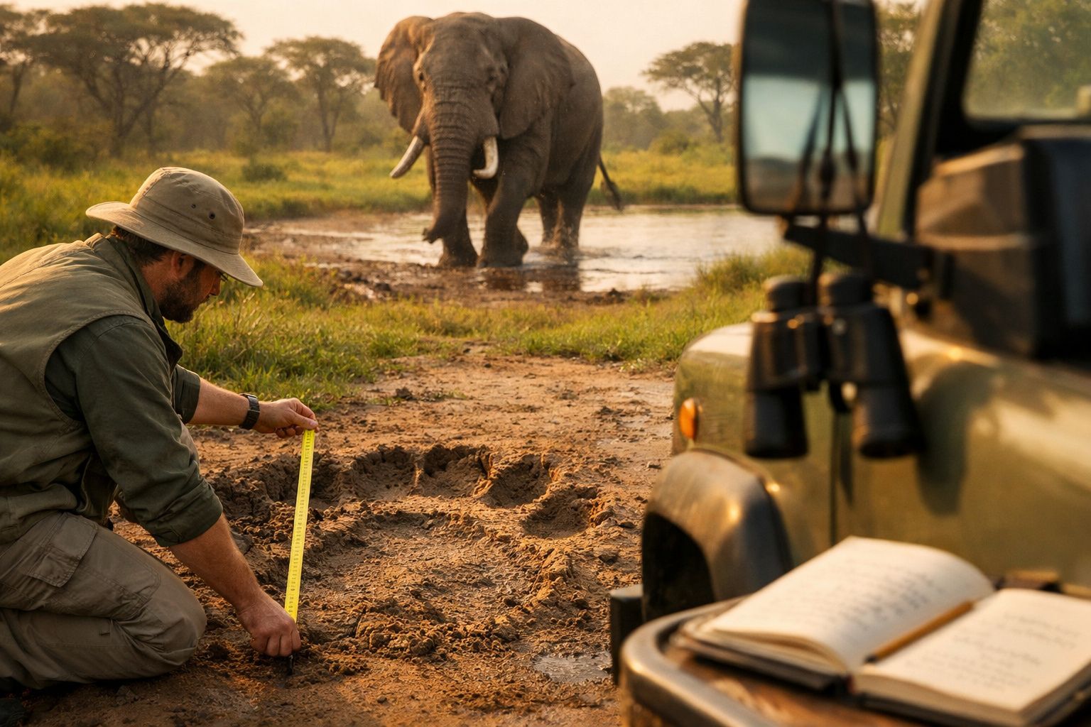 Duas pesquisadoras observam elefante em savana; uma tira fotos, a outra anota dados; jipe ao fundo.