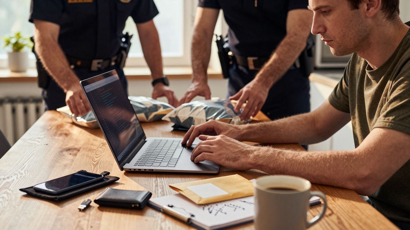 Homem num portátil numa mesa, enquanto dois polícias verificam pacotes, com um café e papéis ao lado.