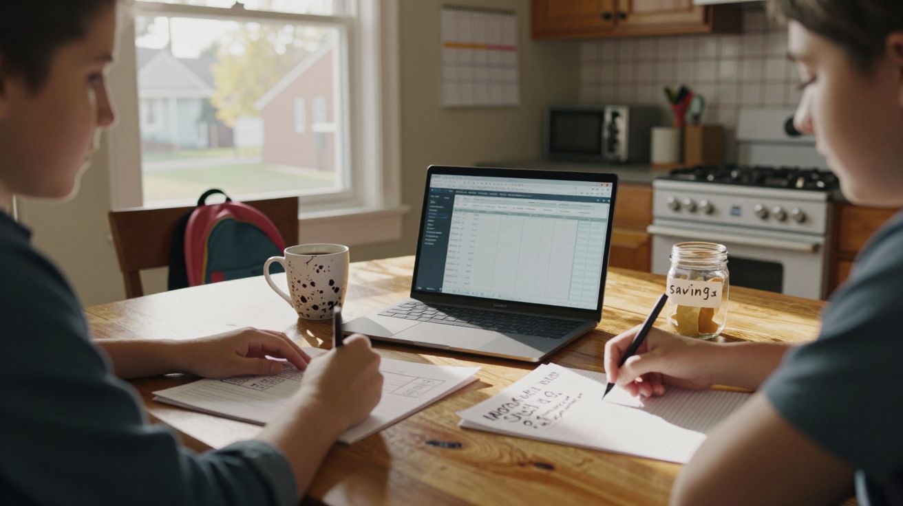 Dois jovens fazem trabalho de casa à mesa com um portátil, cadernos e um frasco de poupança.