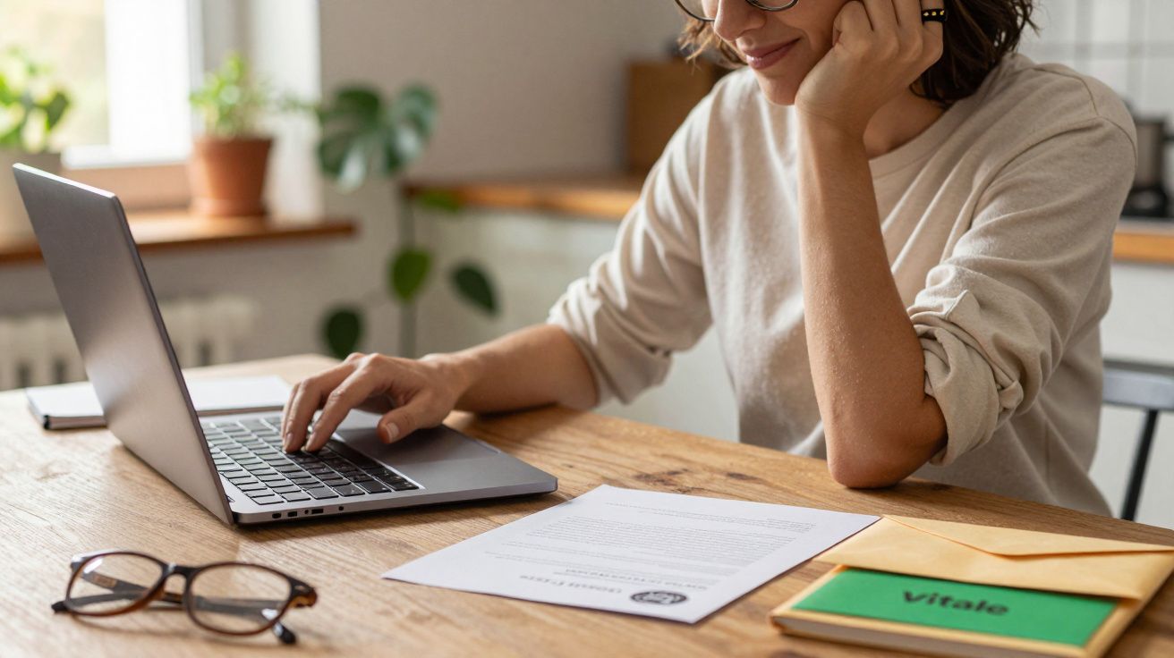 Pessoa a usar portátil em secretária, com documentos e óculos por perto, num espaço com plantas e luz natural.