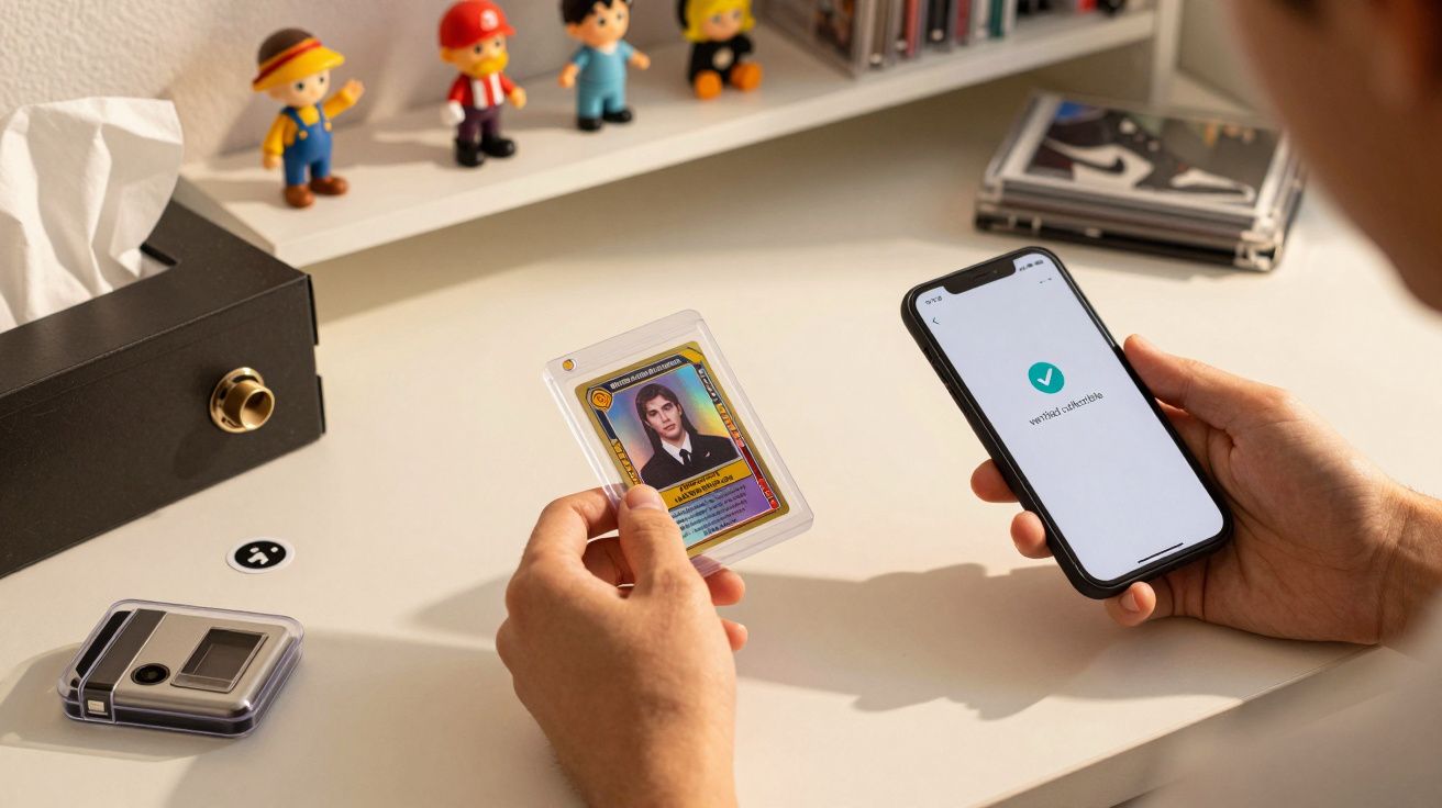 Pessoa segura carta de troca e telemóvel com ecrã de verificação. Objetos e figuras na mesa ao fundo.