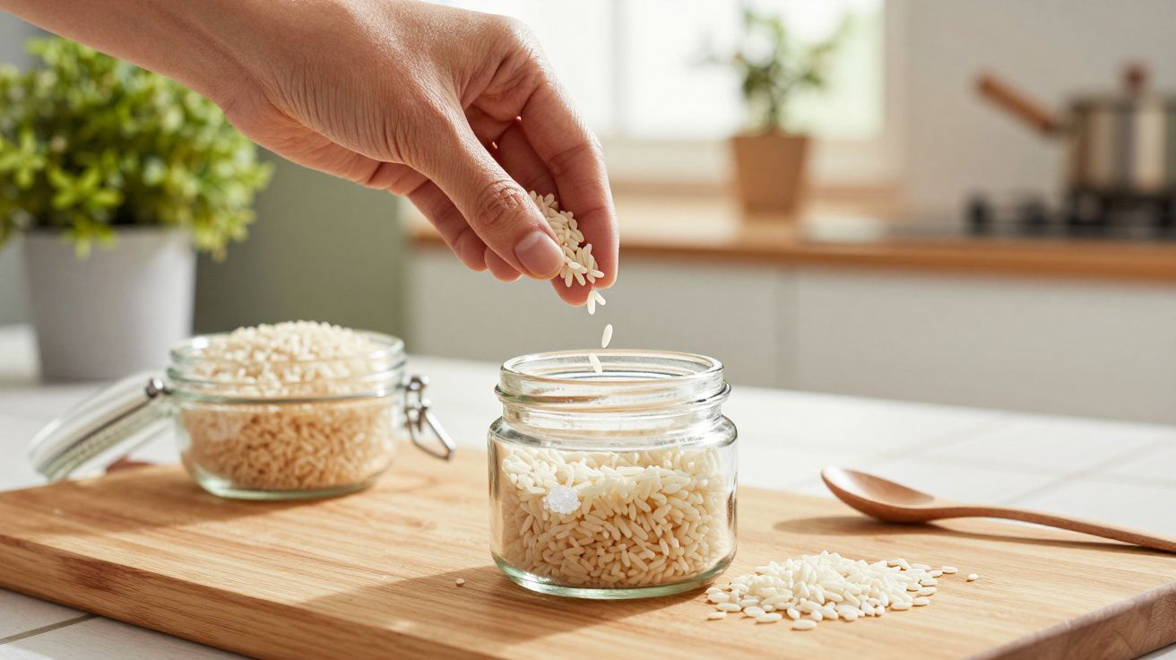 Mão colocando arroz num frasco de vidro sobre tábua de madeira, com uma colher e arroz espalhados ao lado.