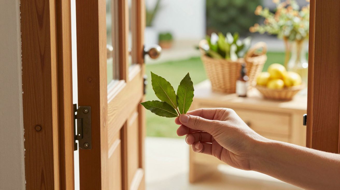 Mão segurando três folhas verdes em frente a uma porta aberta; cesto com limões e plantas ao fundo.