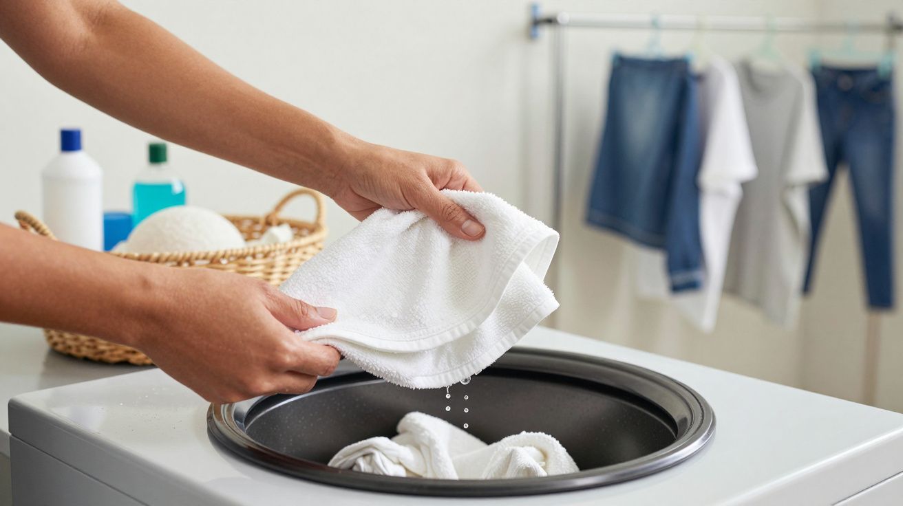 Pessoa a colocar roupa numa máquina de lavar, com detergentes ao fundo e roupa pendurada a secar.