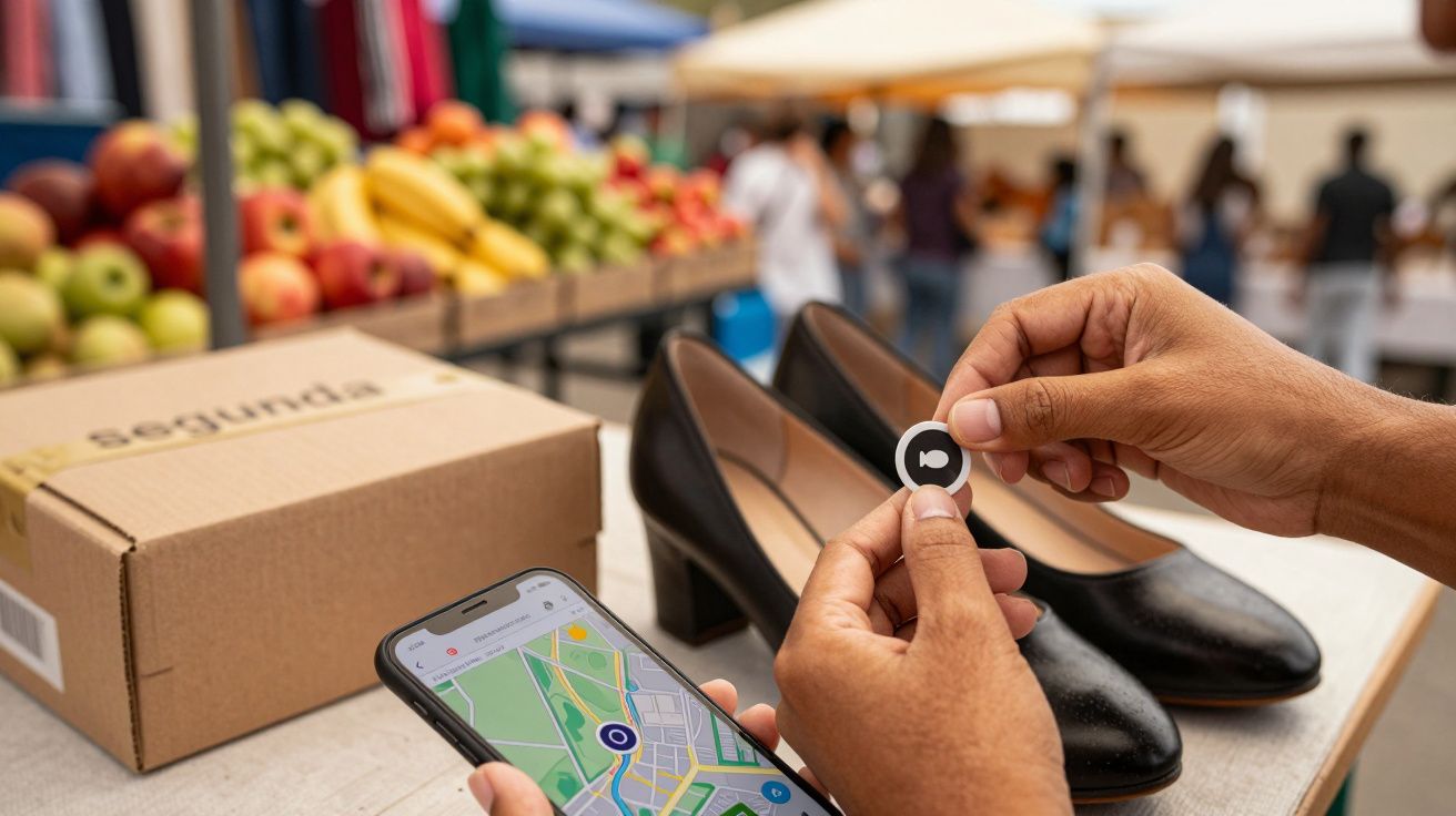 Pessoa usa smartphone para localizar sapatos num mercado, com frutas ao fundo.