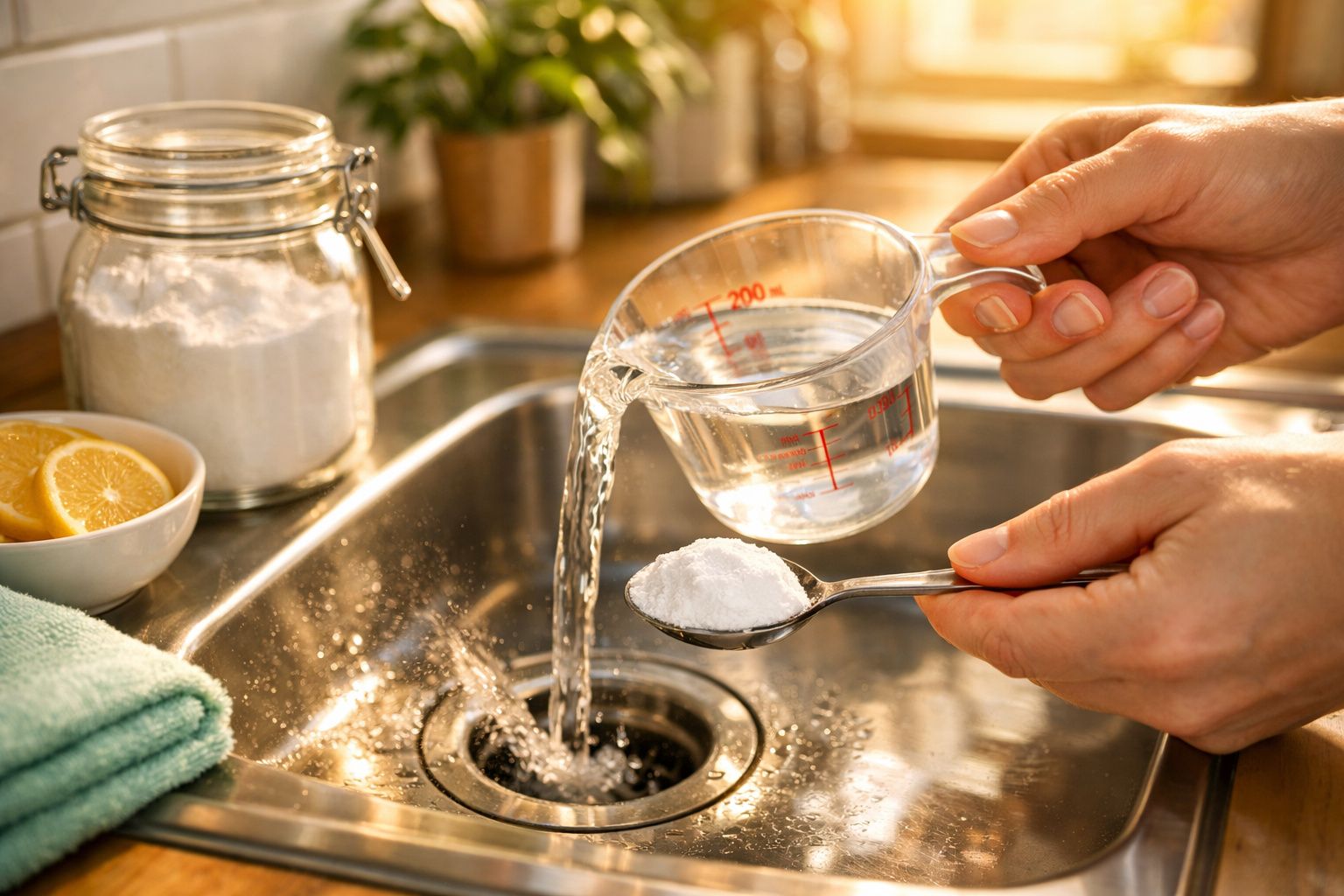 Mãos seguram copo medidor com pó branco e colher sobre pia. Limões, escova e frasco no fundo.