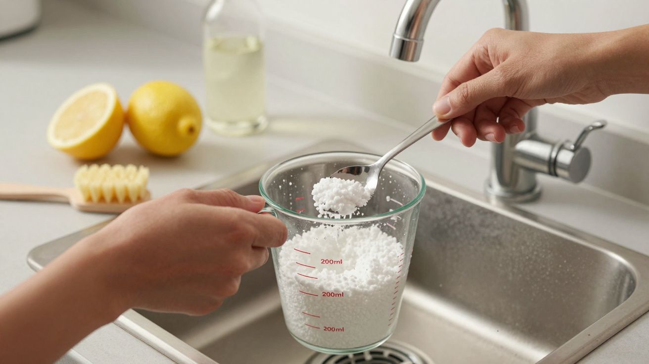 Uma pessoa adiciona sal a um copo medidor junto a uma pia, com limões e escova ao fundo.