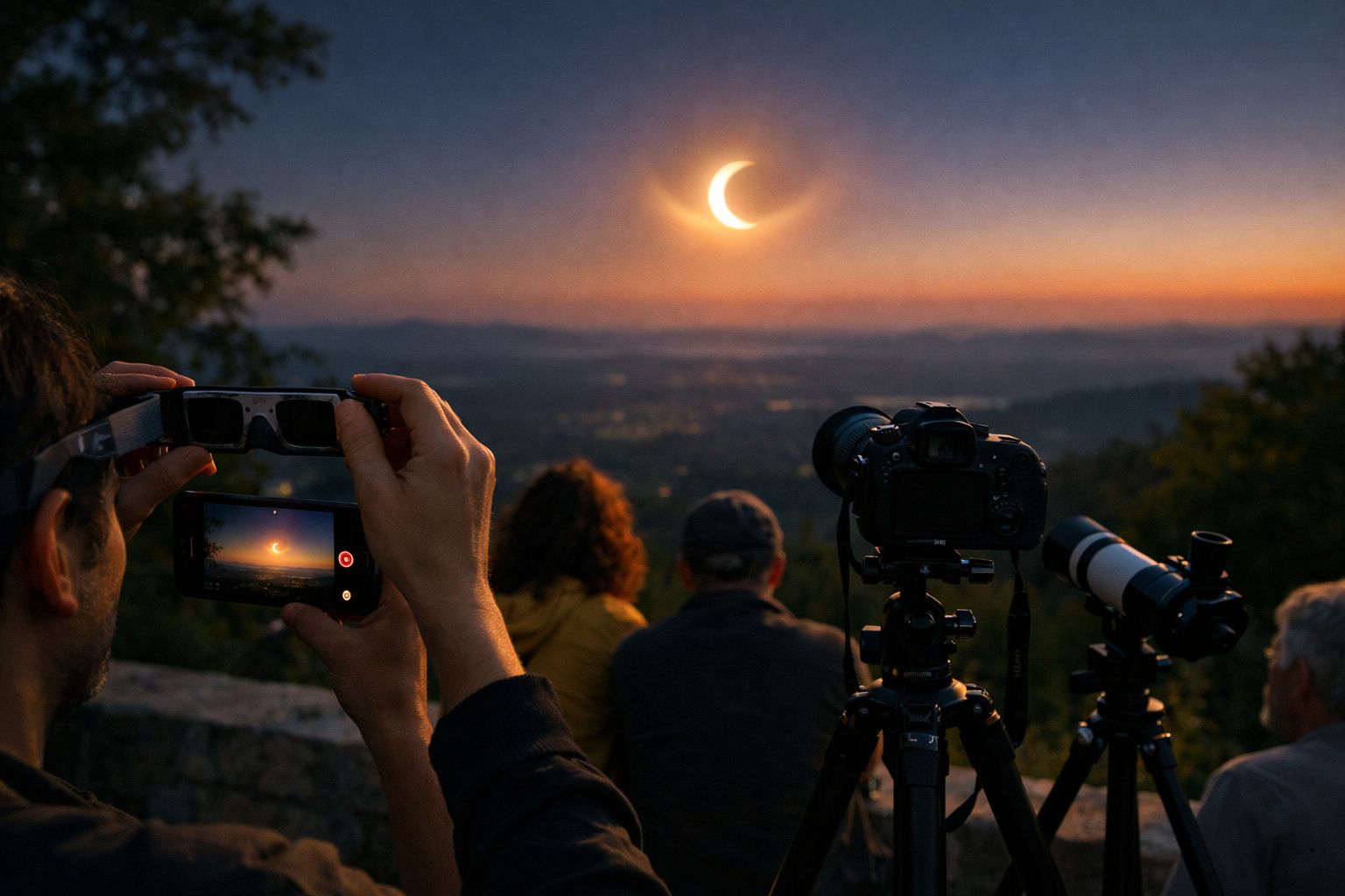 Pessoas observam um eclipse solar num campo, usando óculos especiais, com uma câmara montada num tripé.