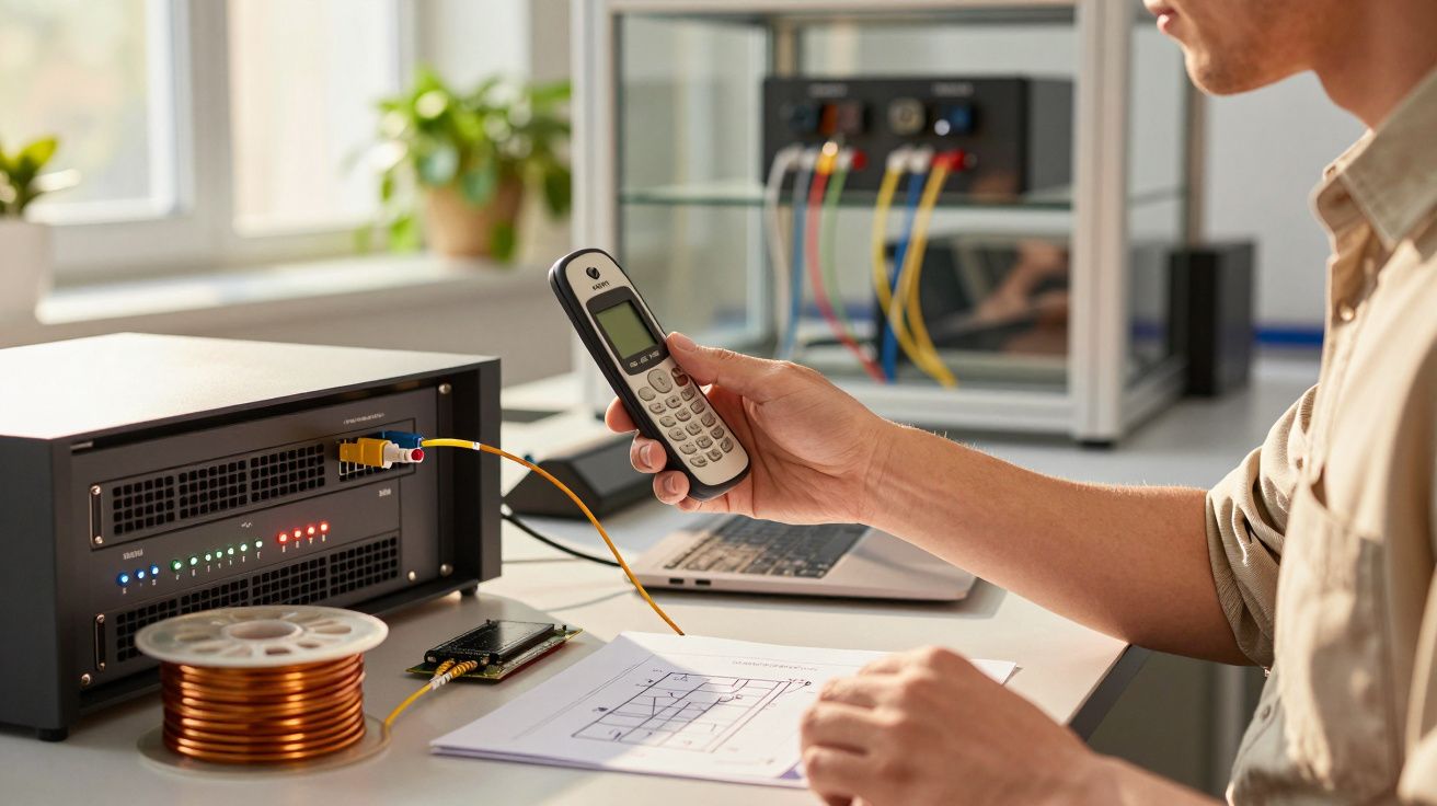Homem segura telefone analógico num laboratório, com equipamentos eletrônicos e notas técnicas em frente.