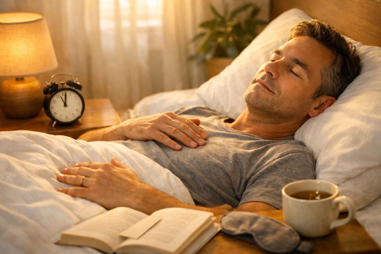 Mulher deitada na cama, olhos fechados, com um telemóvel no peito. Mão de outra pessoa segura o telemóvel.