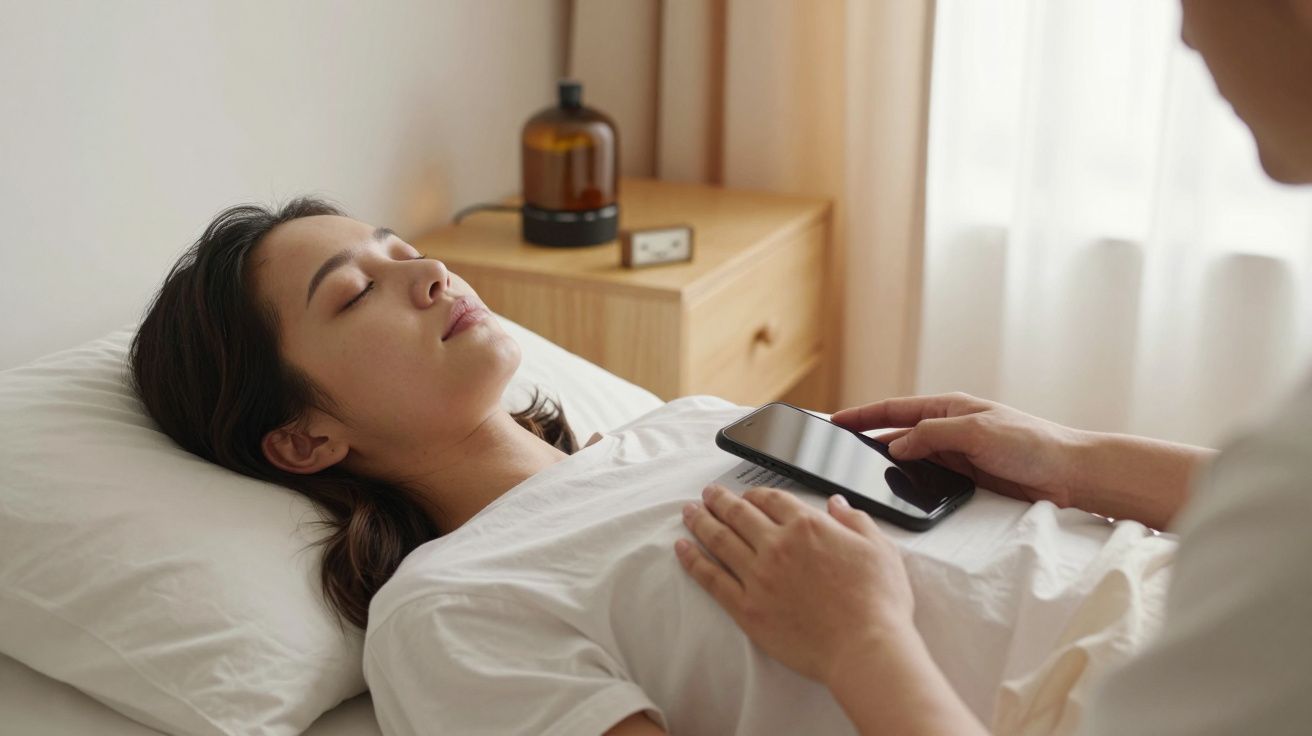 Mulher deitada na cama com smartphone no peito, próxima a uma mesinha de cabeceira com lâmpada marrom.