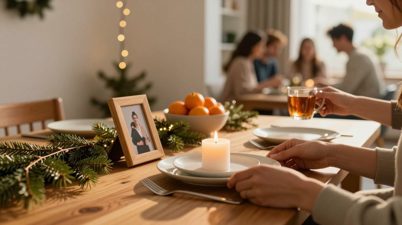 Mesa decorada com vela acesa, ramos de pinheiro, foto numa moldura e taça de chá. Pessoas ao fundo conversam.