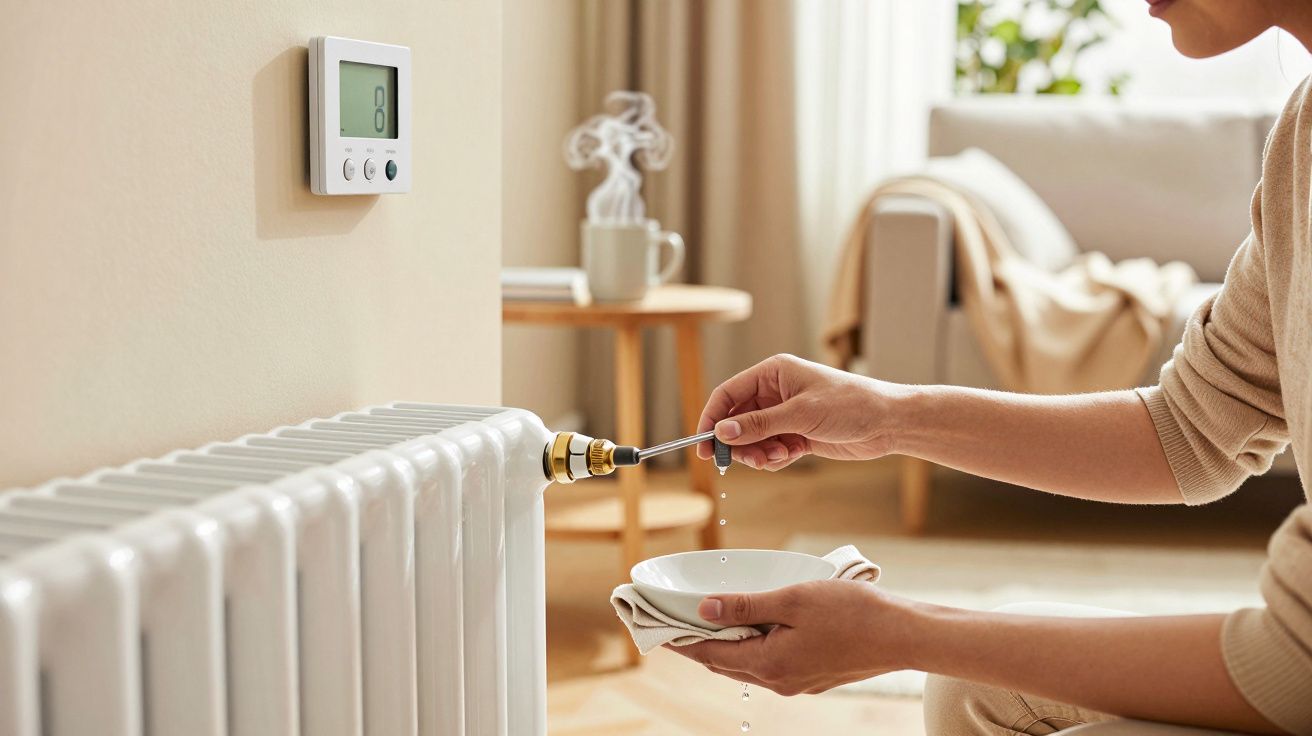 Pessoa ajusta radiador, segurando tigela para recolher água, num espaço com sofá e termóstato na parede.