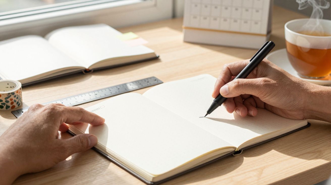 Mãos escrevendo num caderno aberto sobre uma mesa de madeira, com chá, régua e bloco de notas ao lado.