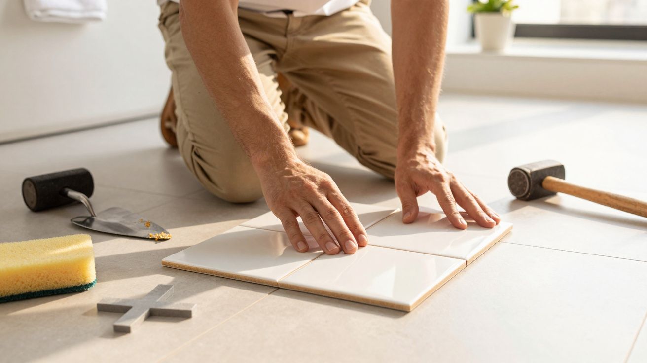Pessoa a instalar azulejos no chão com ferramentas de construção ao redor.