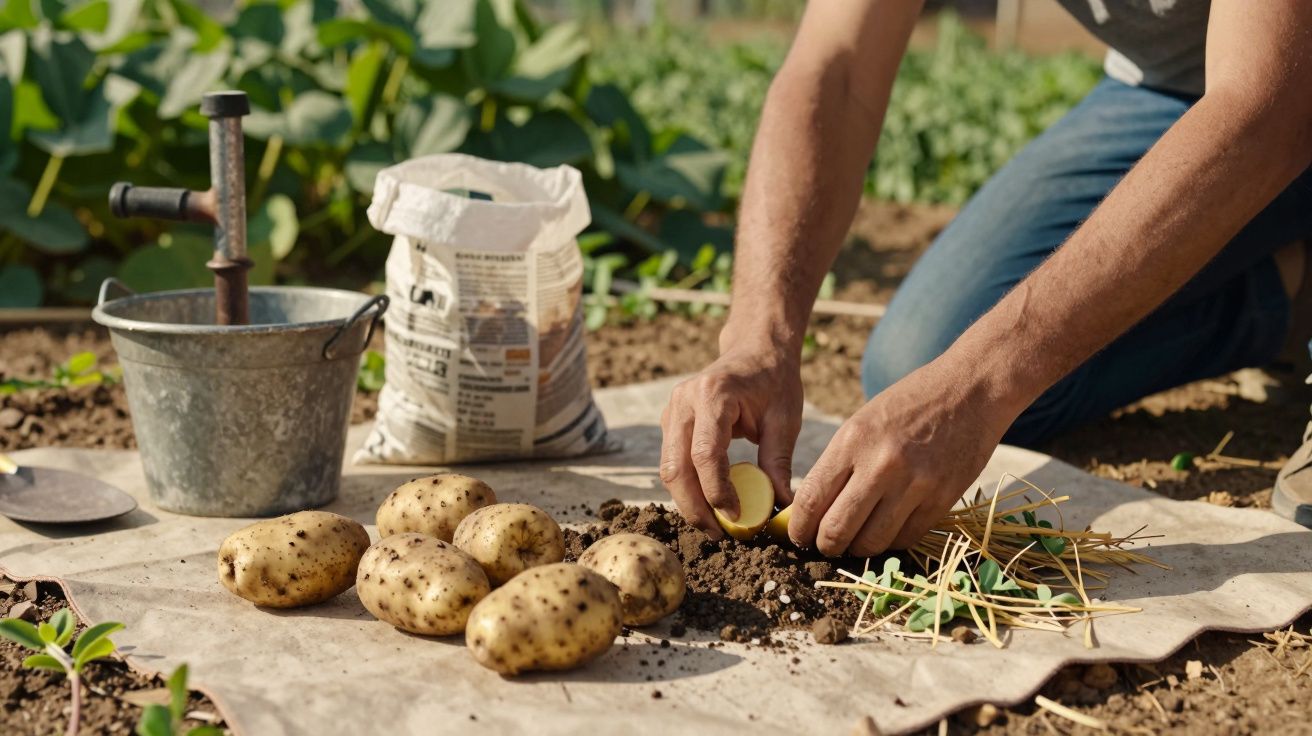 Mãos plantando batatas num campo com regador e saco de adubo ao lado.