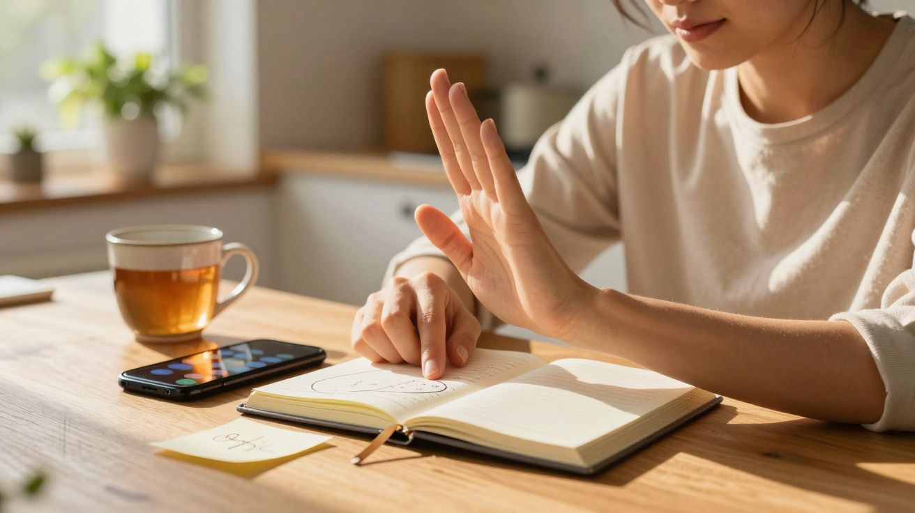 Mulher a fazer gesto de stop enquanto estuda num caderno, com chá e telemóvel ao lado.