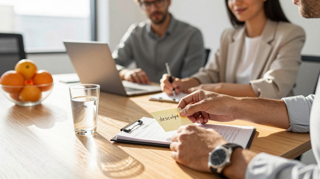 Pessoa segurando papel com a palavra "desculpe" em reunião de trabalho com duas outras pessoas em volta de mesa.