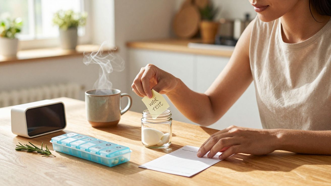 Mulher organizando comprimidos à mesa da cozinha com chá, bloco de notas e caixa de medicamentos.