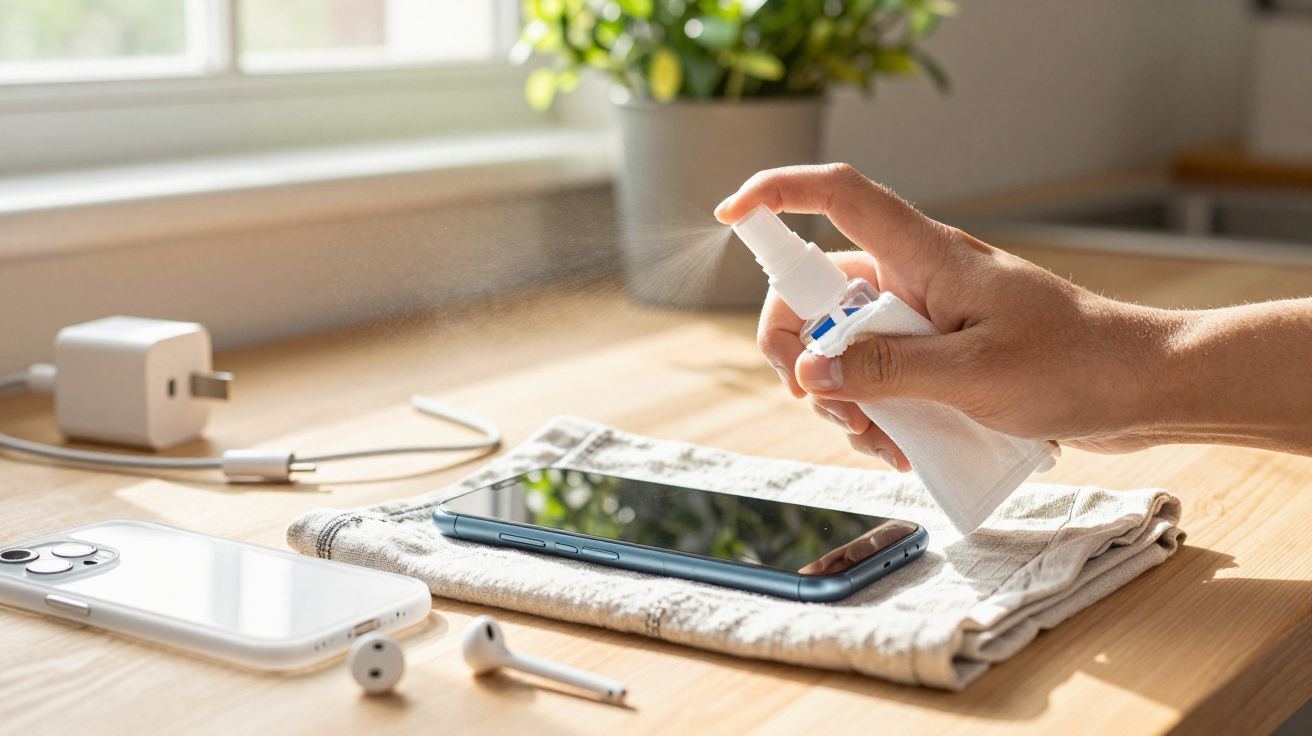 Mão a pulverizar líquido de limpeza sobre smartphone em toalha, com auriculares e carregador ao lado.