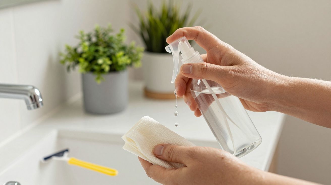 Mãos borrifando líquido em pano branco, com planta e torneira ao fundo na casa de banho.