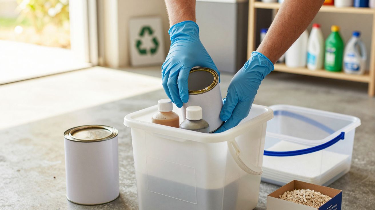 Mãos enluvadas colocando recipientes num balde branco no chão de cimento, com caixas e produtos de limpeza ao fundo.