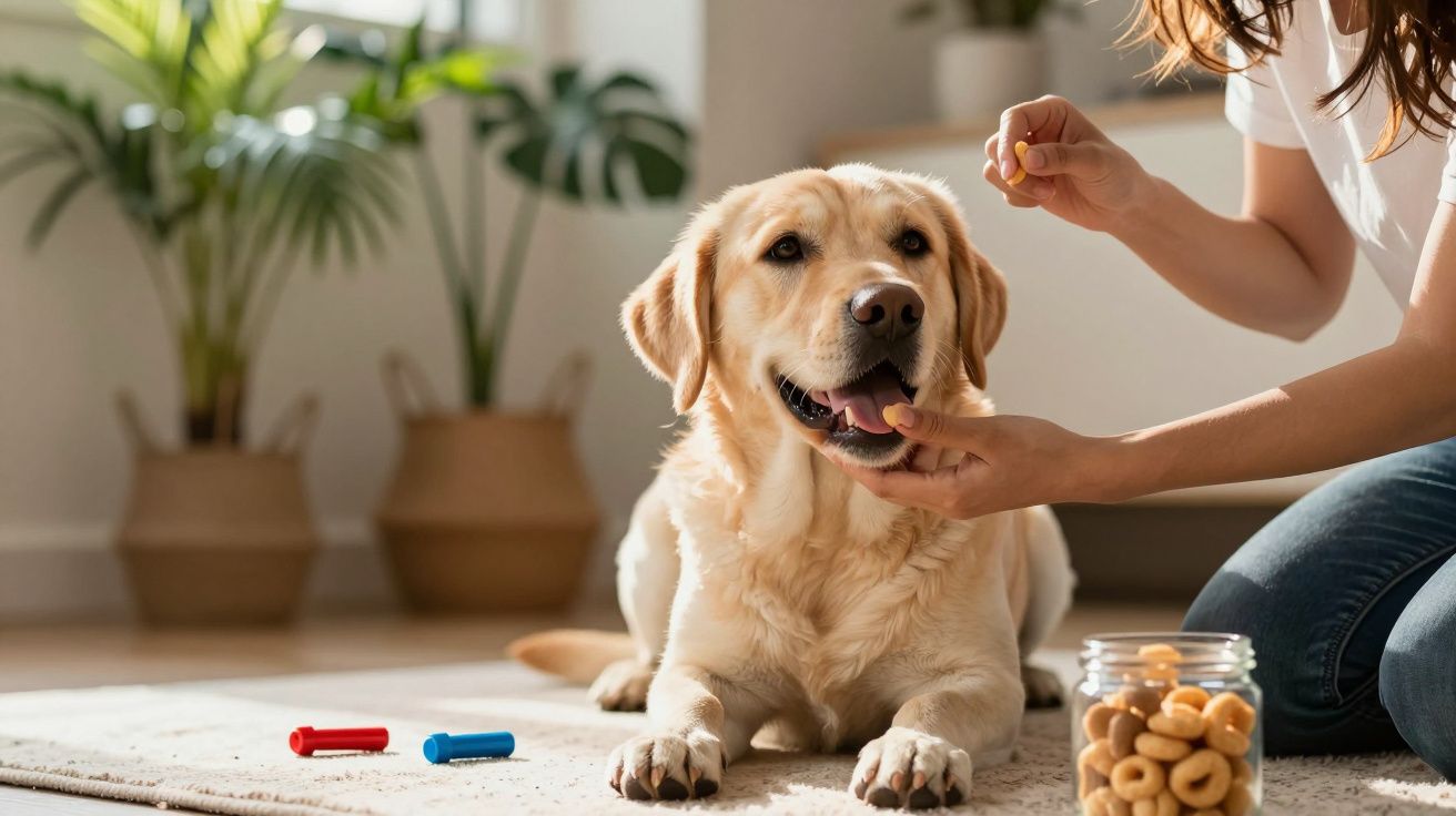 Cão Labrador deitado em tapete enquanto uma pessoa lhe dá snacks de um frasco, com plantas ao fundo.