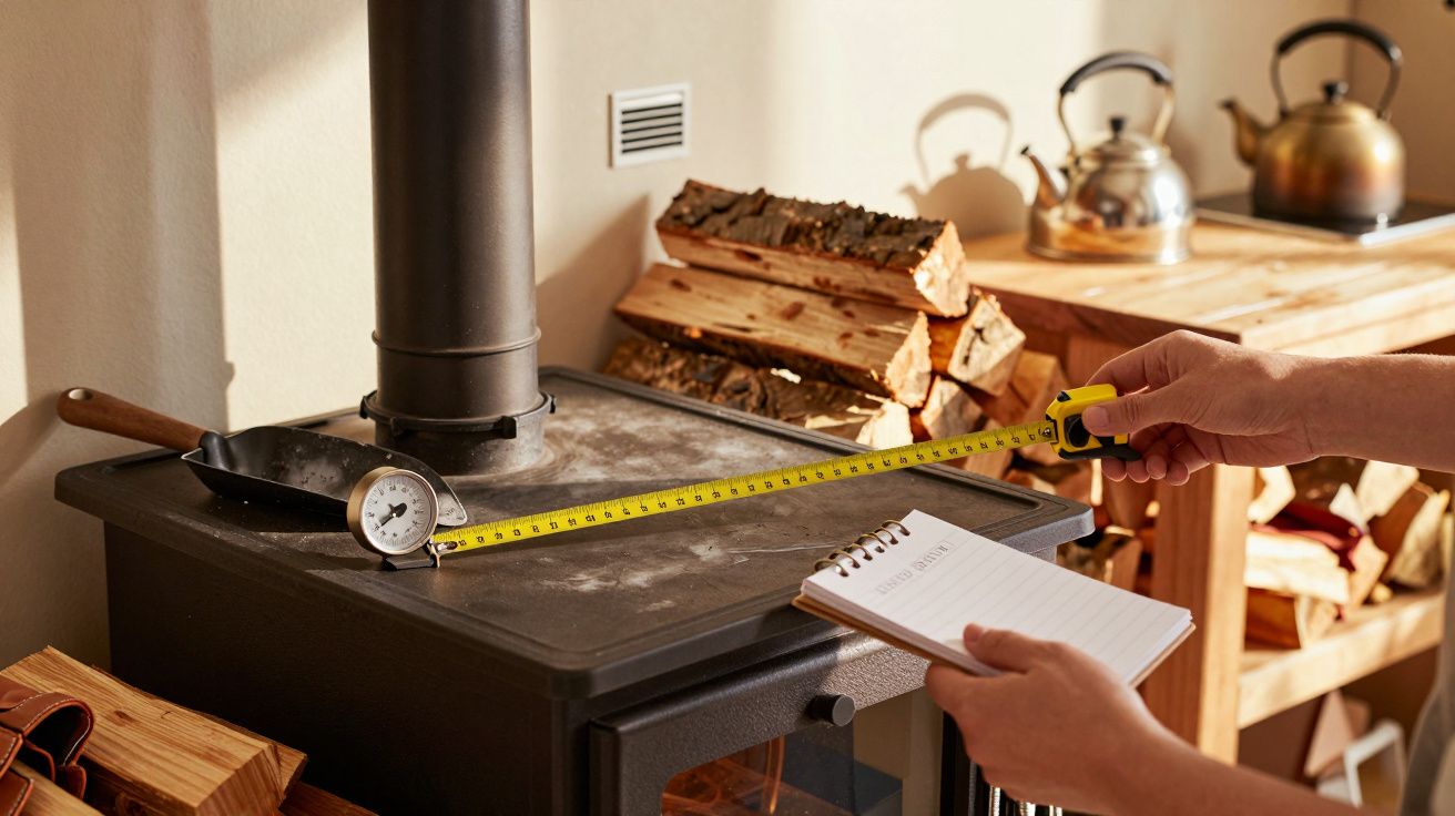 Pessoa mede fogão a lenha com fita métrica, notas numa mão, lenha empilhada e chaleiras ao fundo.