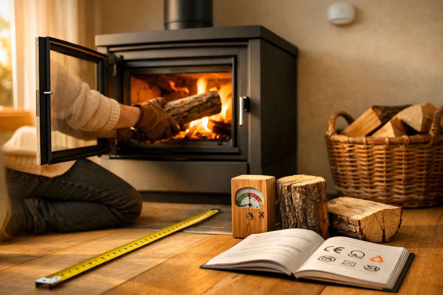 Homem medindo uma caixa preta numa mesa com fita métrica e papel, ao lado de cesto com madeira e luvas.