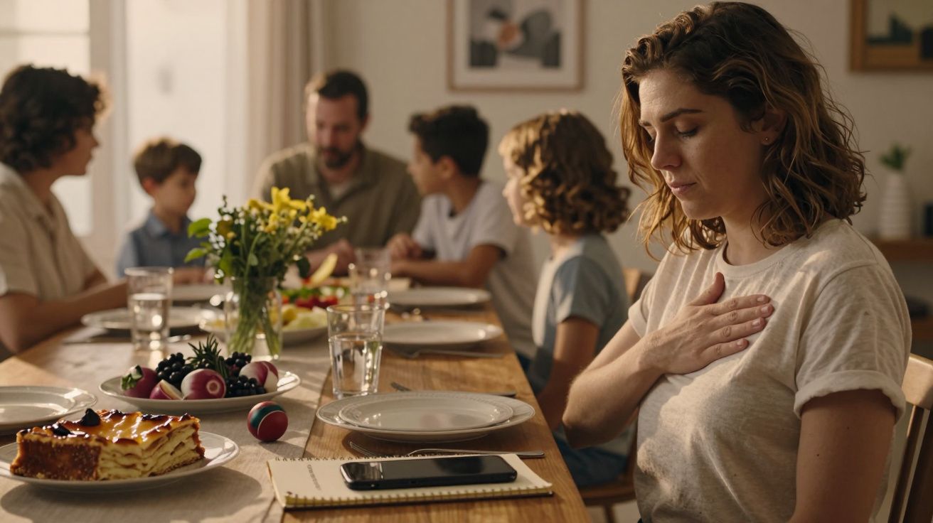 Mulher pensativa à mesa com outras cinco pessoas, comida e flores, mão no peito.