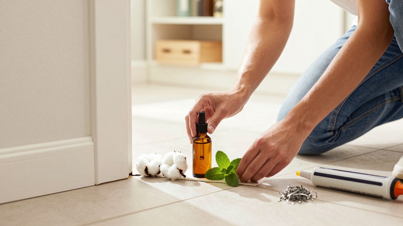 Pessoa usa óleo essencial, folhas de menta e algodão no chão de azulejos, ao lado de uma pistola de silicone e parafusos.