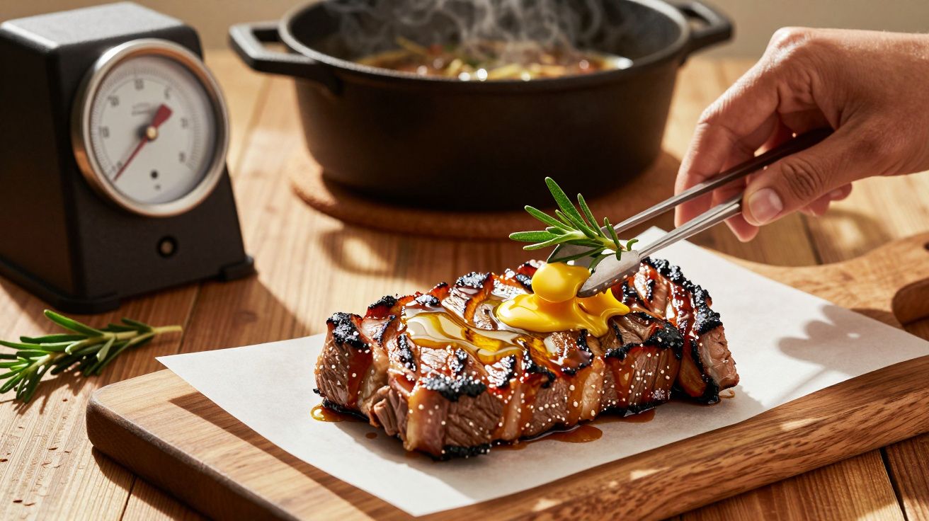 Carne grelhada com molho, decorada com alecrim e gema, numa mesa de madeira. Mão com pinça ajusta o prato.