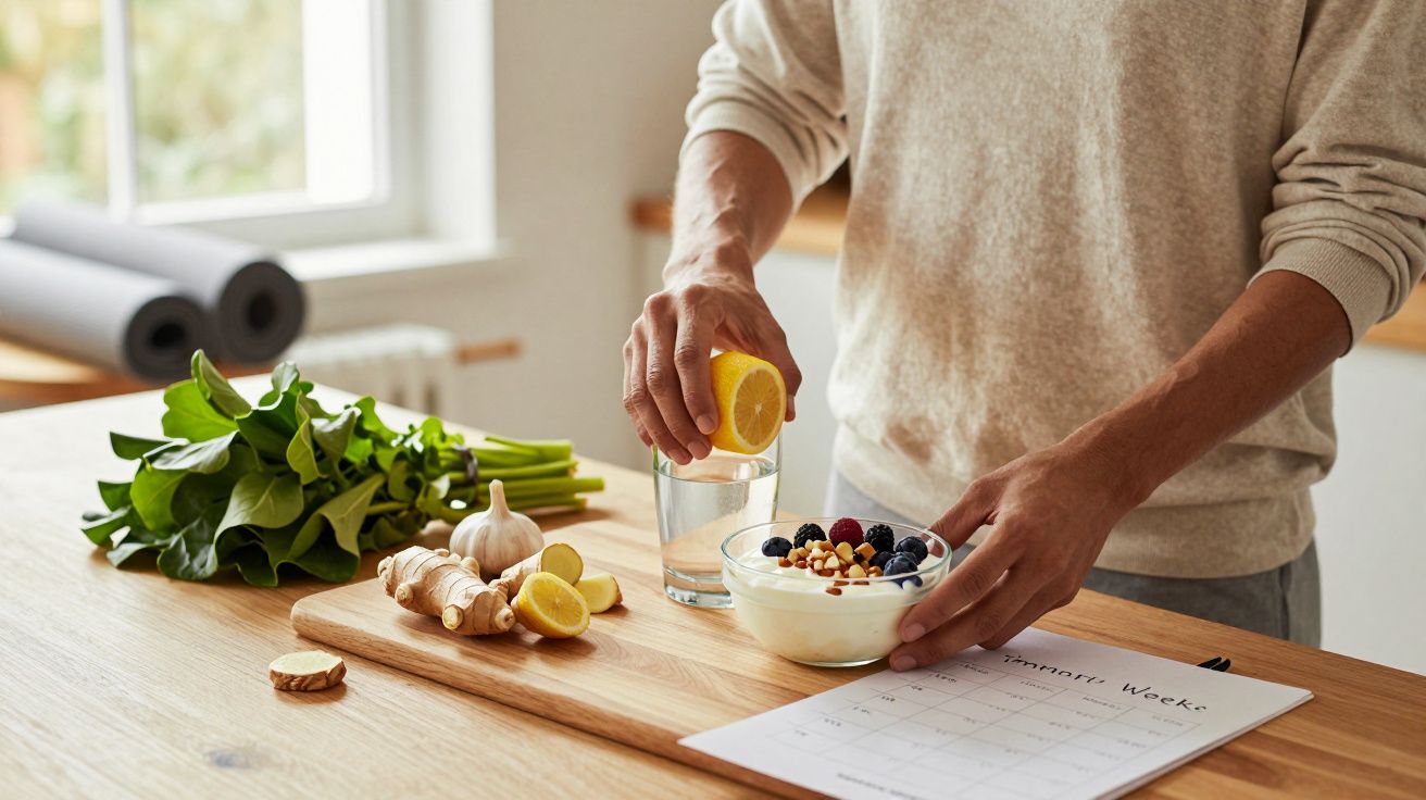 Pessoa espreme limão num copo de água sobre uma mesa com iogurte de frutas, espinafres, gengibre e alho.