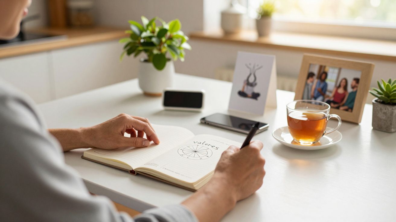 Pessoa a escrever num caderno sobre valores, com chá na mesa e fotos ao fundo.
