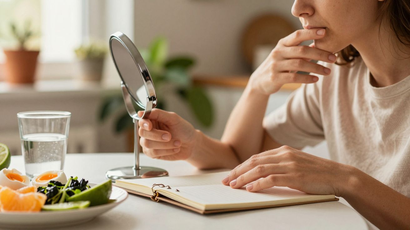 Mulher pensativa segura espelho portátil enquanto escreve num caderno, com fruta e água na mesa.
