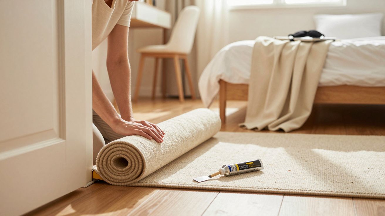 Pessoa a desenrolar tapete em quarto com piso de madeira, cama e cadeira. Cola para tapetes no chão.