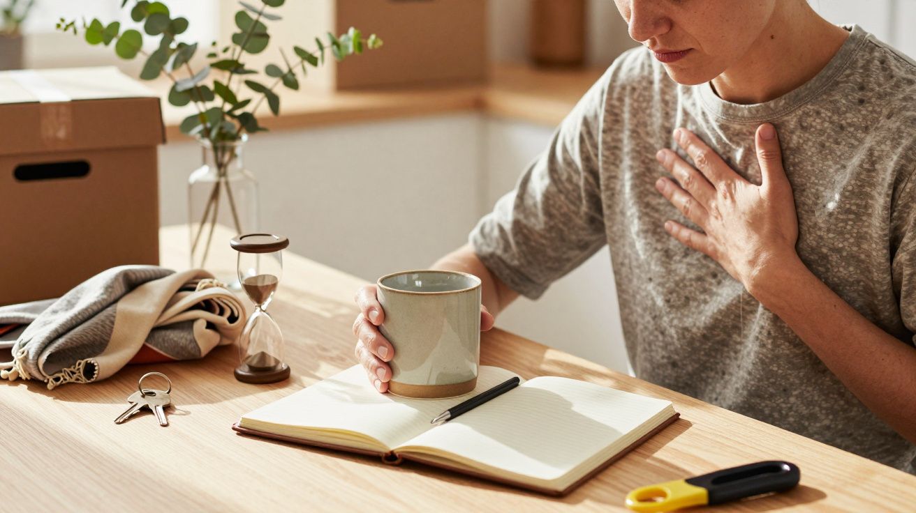 Pessoa sentada à mesa com chávena, caderno aberto, ampulheta e caixa de cartão ao fundo.