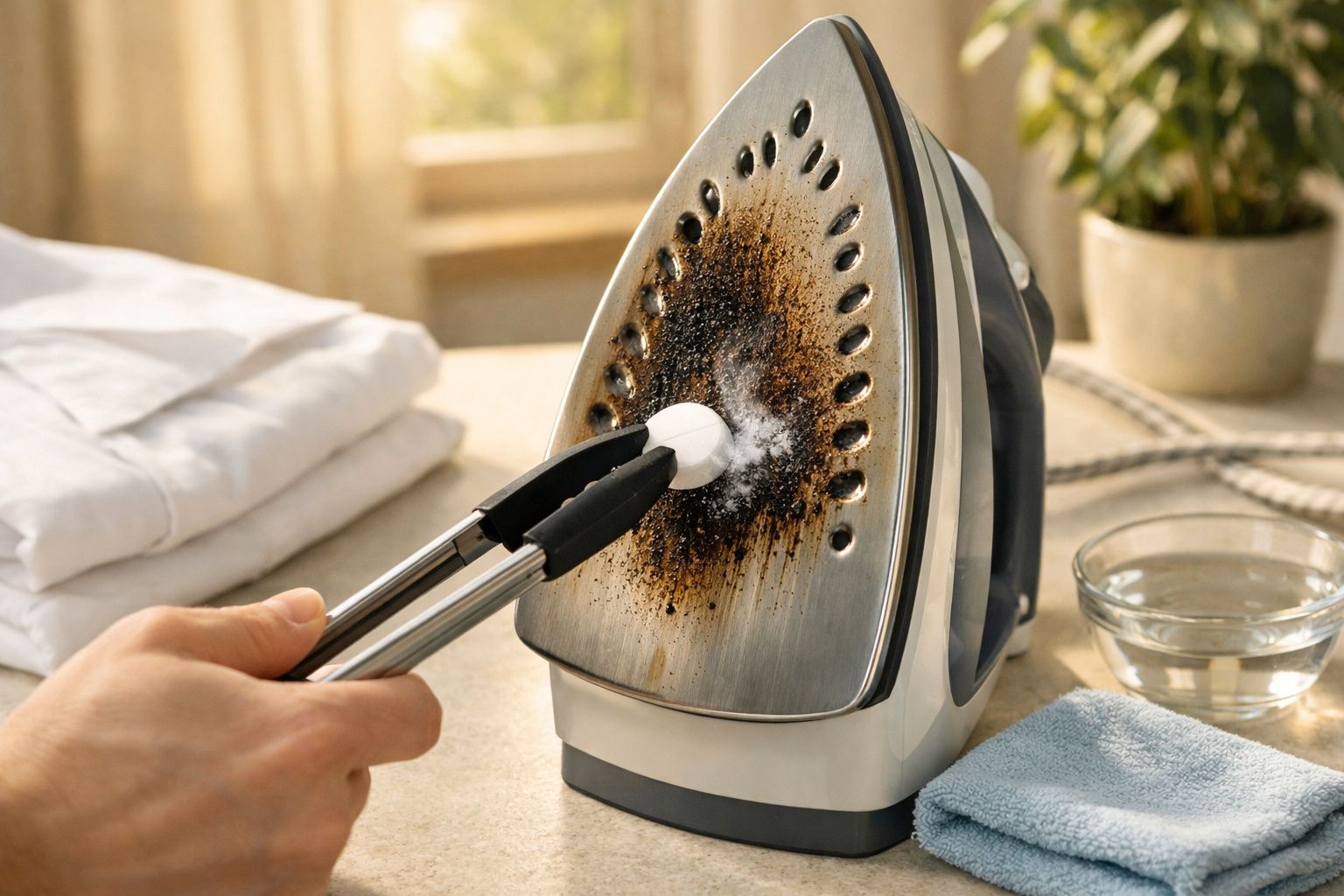 Pessoa a limpar a sola de um ferro de engomar queimado com uma esponja, próximo de roupa e água.