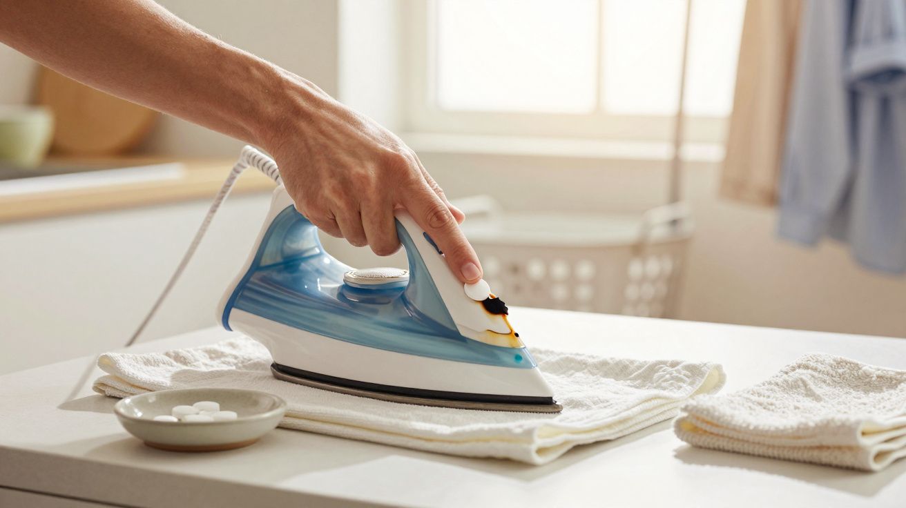 Pessoa a passar a ferro uma toalha branca numa tábua de passar, com luz natural ao fundo.