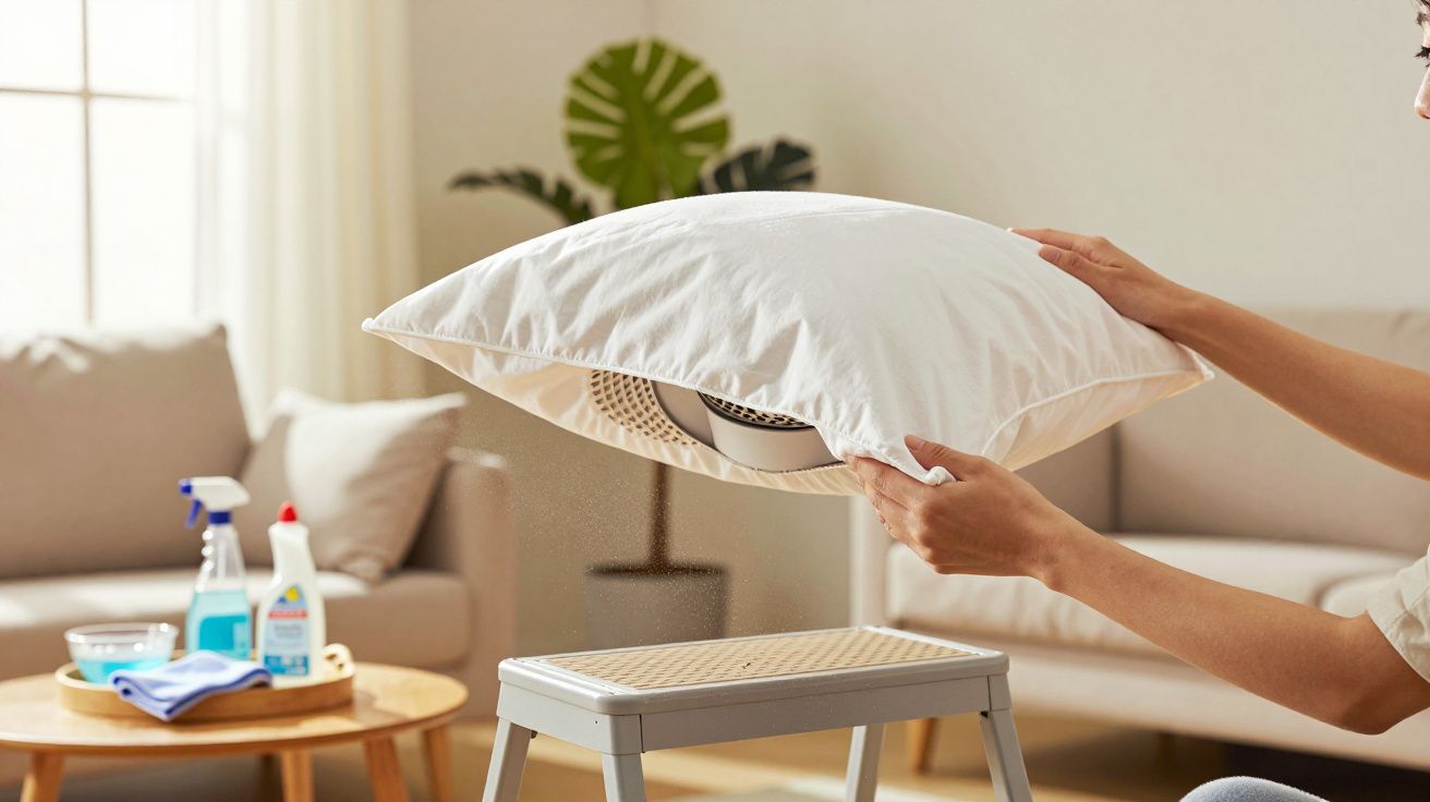 Pessoa colocando um purificador de ar portátil dentro de uma almofada numa sala com sofá e produtos de limpeza.