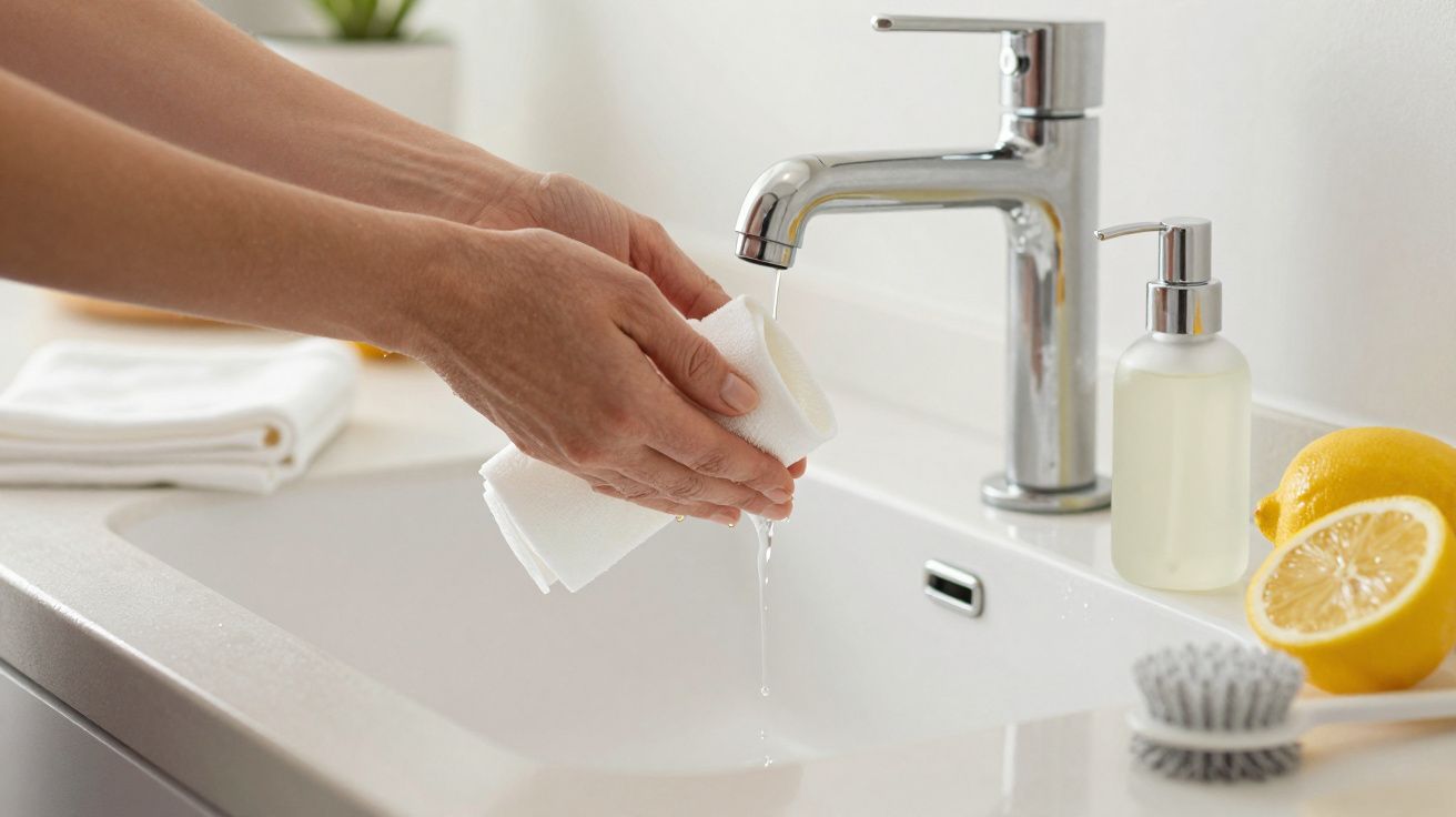 Mãos a espremer um pano húmido sobre um lavatório com torneira, limões, sabonete líquido e toalhas ao fundo.