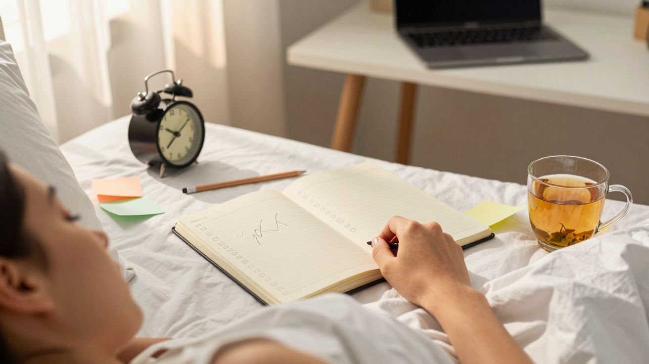 Pessoa deitada com bloco de notas aberto, chá e despertador numa cama branca, portátil em mesa ao fundo.