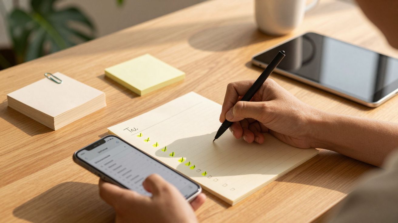 Pessoa a escrever numa lista de tarefas com telemóvel na mão, caderno e post-its na mesa de madeira.