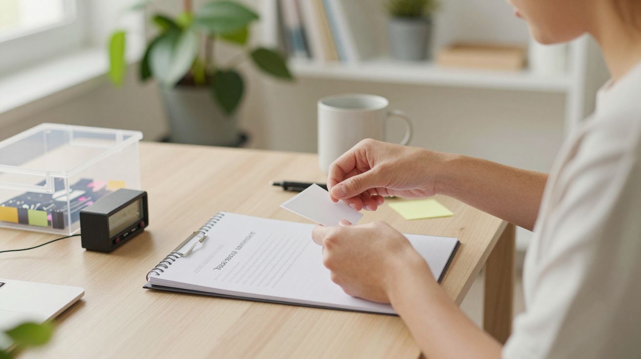 Pessoa sentada à secretária, revisando documentos com caneca e plantas ao fundo.