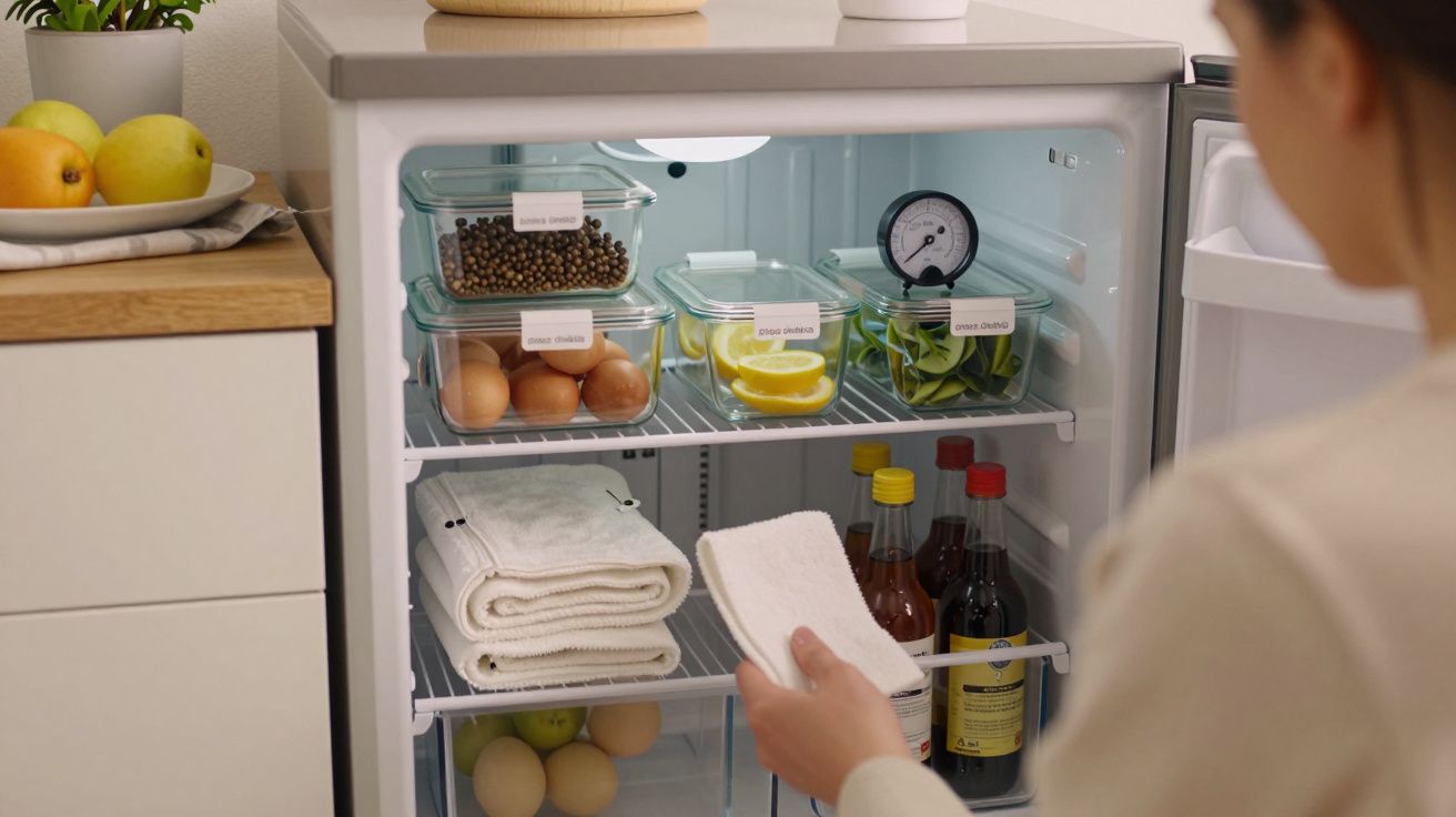Mulher organiza frigorífico com caixas de comida e condimentos, ao lado de uma bancada com frutas.